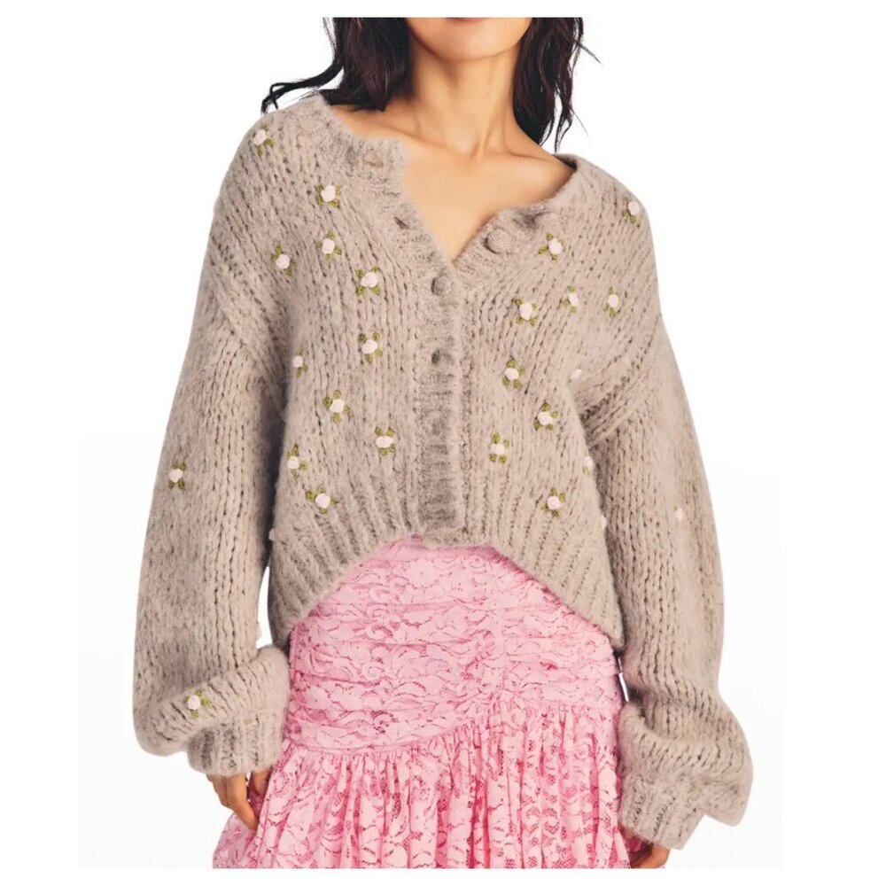 LOVESHACKFANCY Emilie Cardigan in Oat - Picture 1 of 10